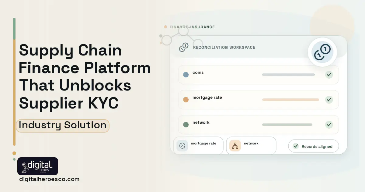 Supply Chain Finance Platform software visual showing coins, mortgage rate, and network.