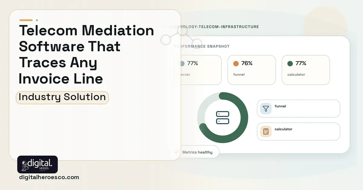 Telecom Mediation and Rating software visual showing server, funnel, and calculator.