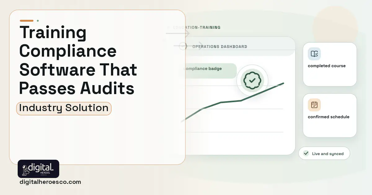 Training Compliance software visual showing compliance badge, completed course, and confirmed schedule.
