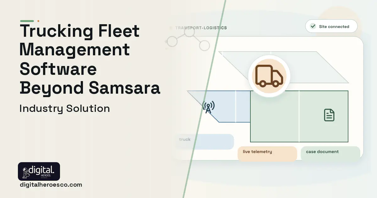 Trucking Fleet Management software visual showing truck, live telemetry, and case document.