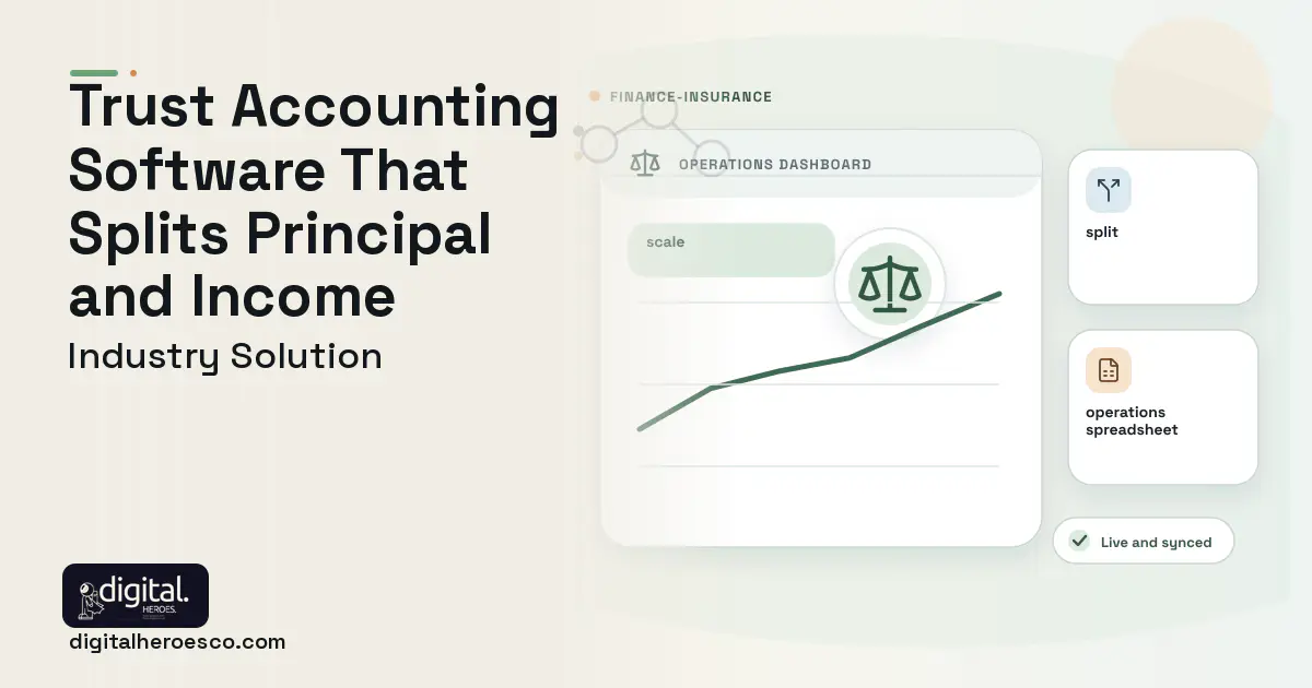 Trust Accounting Fiduciary software visual showing scale, split, and operations spreadsheet.