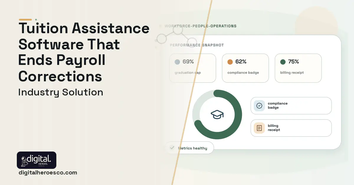 Corporate Tuition Benefits Administration software visual showing graduation cap, compliance badge, and billing receipt.