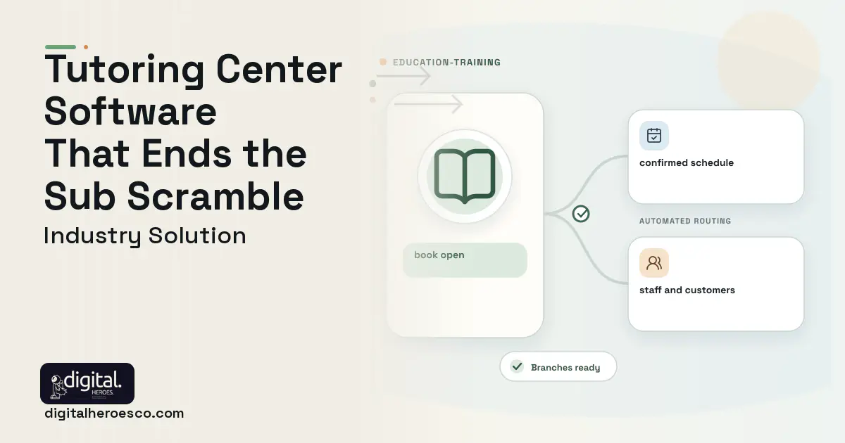 Tutoring Center software visual showing book open, confirmed schedule, and staff and customers.