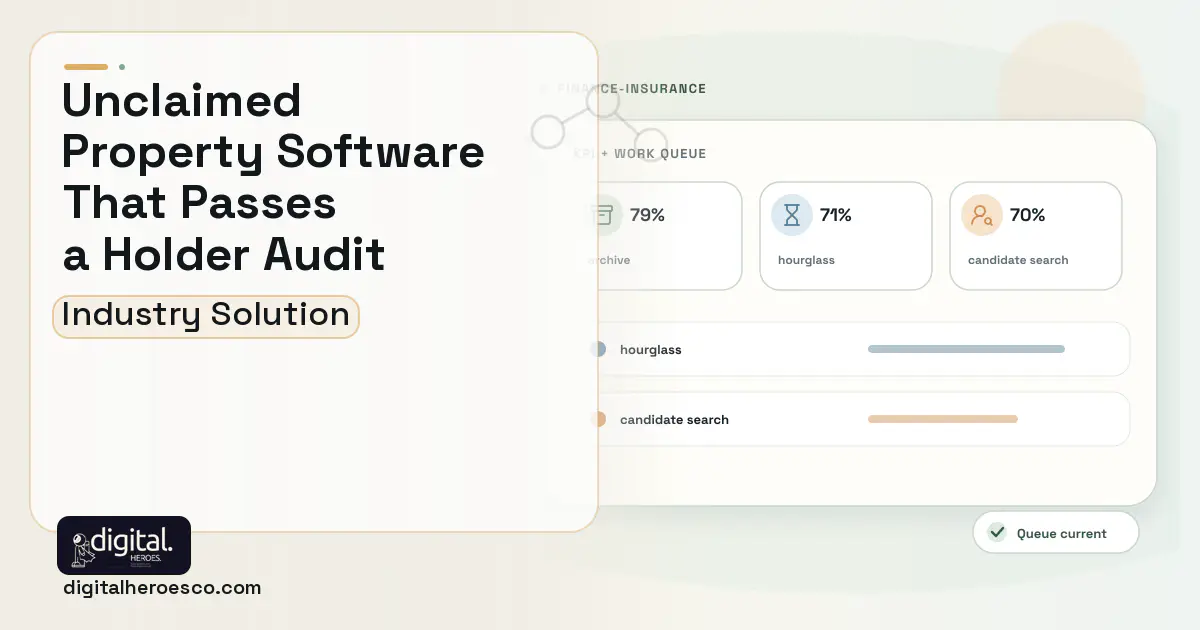 Unclaimed Property Administration software visual showing archive, hourglass, and candidate search.