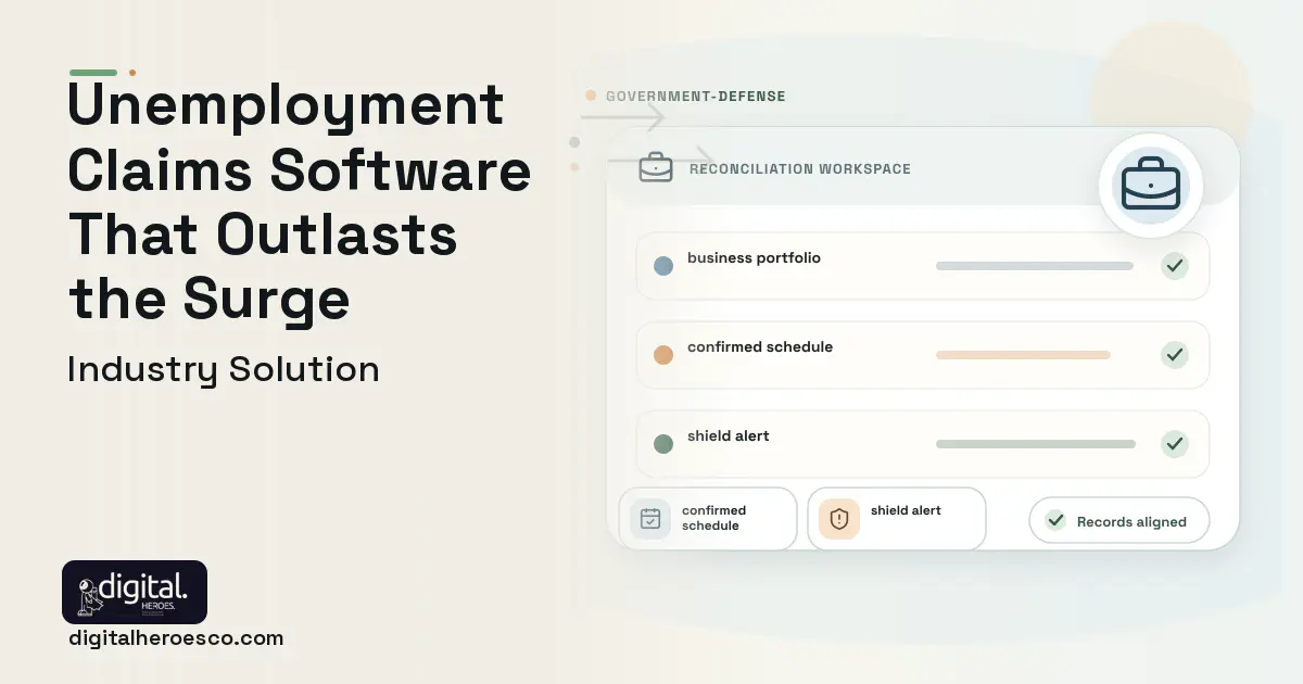 Unemployment Insurance Claims software visual showing business portfolio, confirmed schedule, and shield alert.