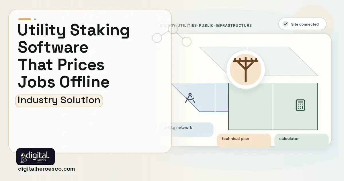 Utility Staking Design software visual showing utility network, technical plan, and calculator.