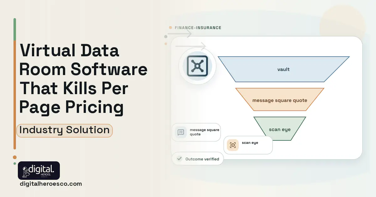 Virtual Data Room software visual showing vault, message square quote, and scan eye.