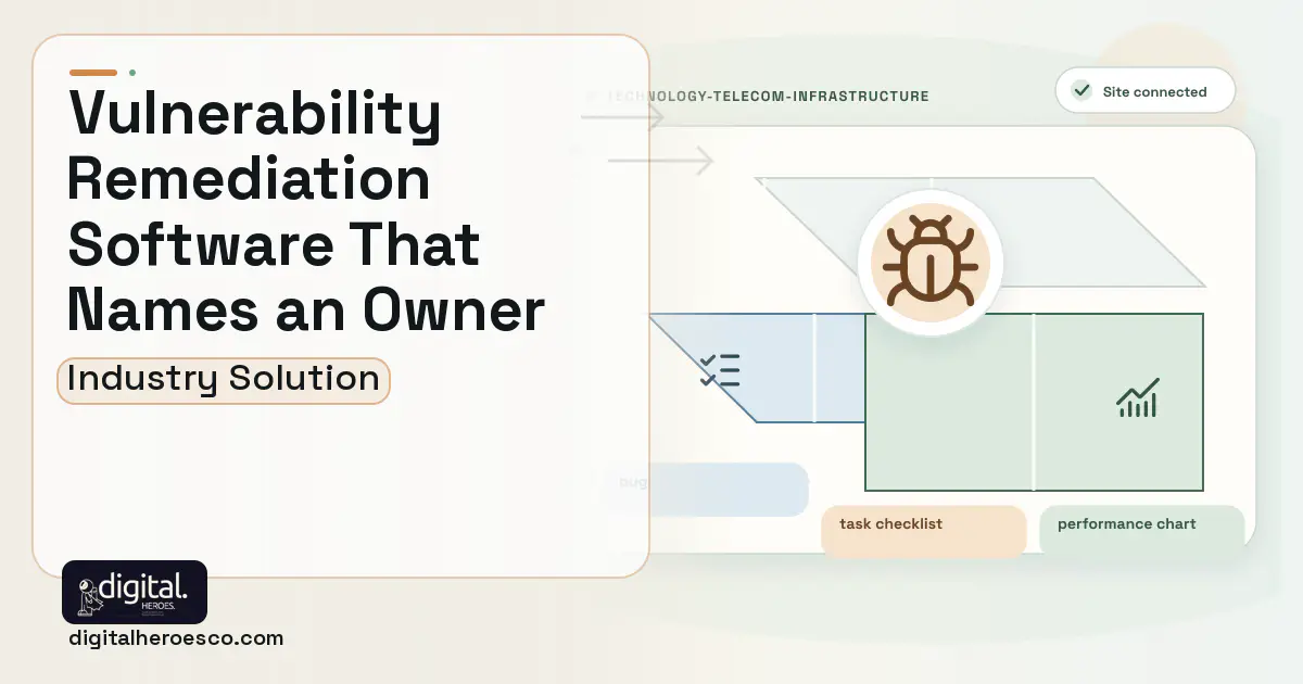 Vulnerability Remediation Management software visual showing bug, task checklist, and performance chart.