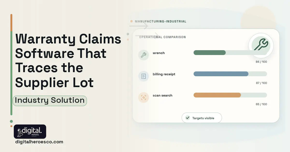 Warranty Claims and Recall Management software visual showing wrench, billing receipt, and scan search.