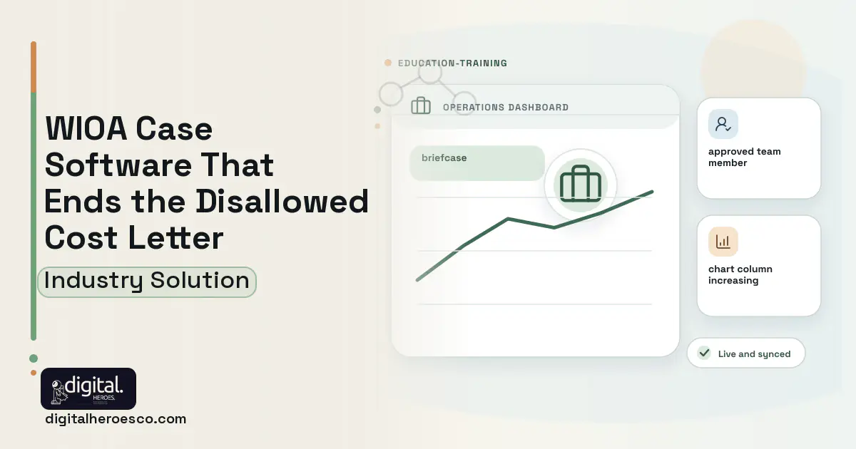 Workforce Development Board Case Management software visual showing briefcase and approved team member.
