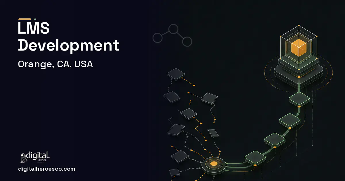 LMS Development workflow illustration for Orange, CA, USA.