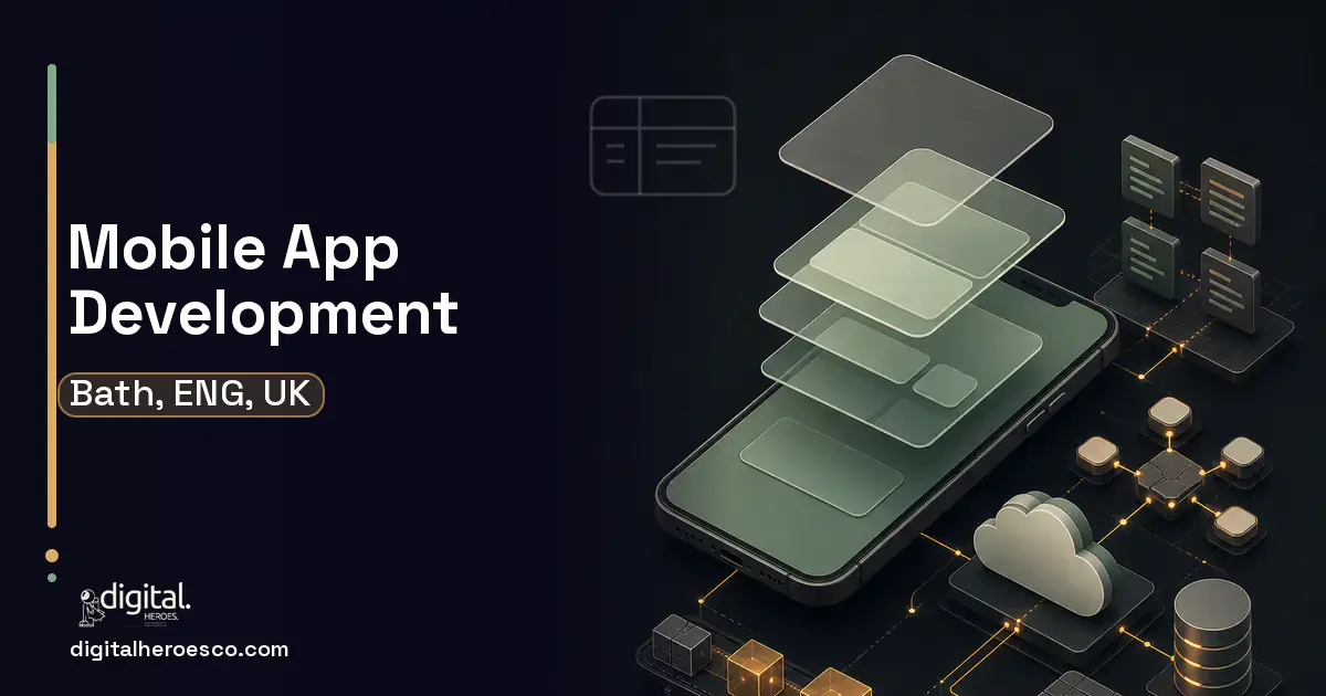 Mobile App Development product interface illustration for Bath, ENG, UK.