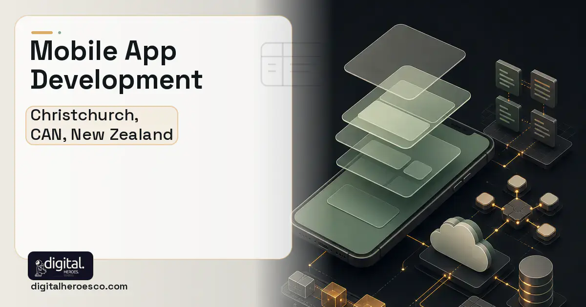Mobile App Development product interface illustration for Christchurch, CAN, New Zealand.