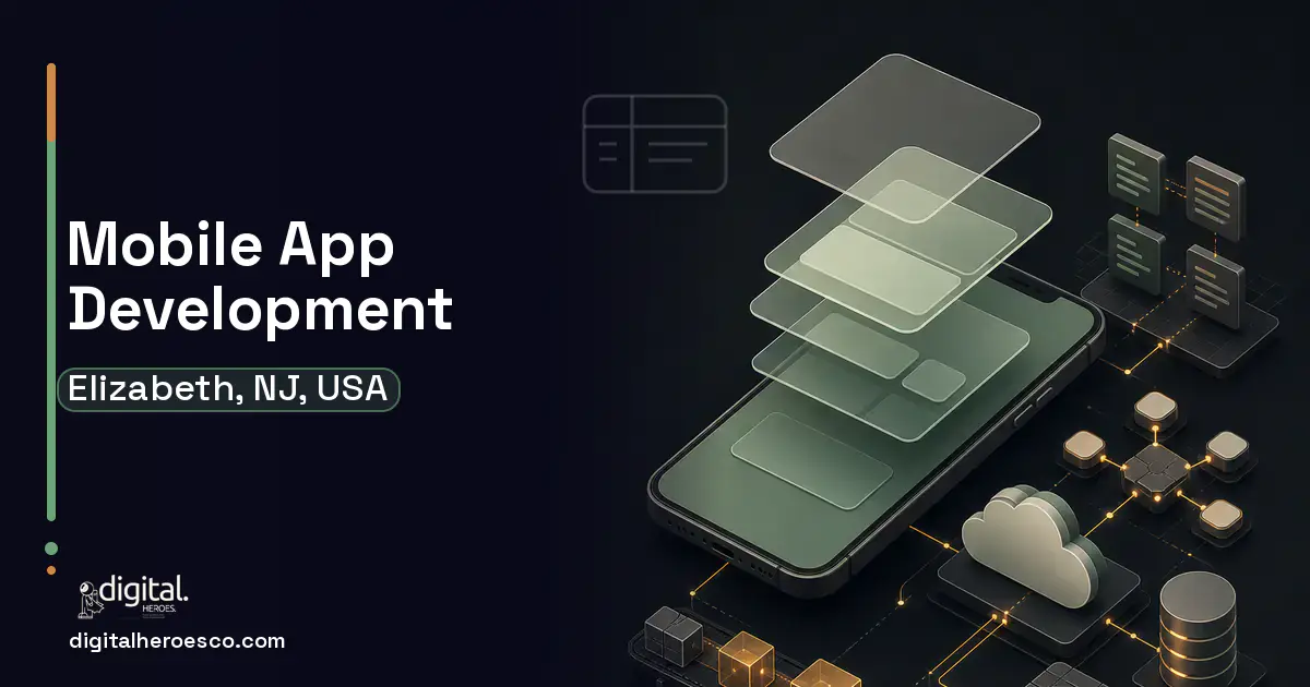 Mobile App Development product interface illustration for Elizabeth, NJ, USA.