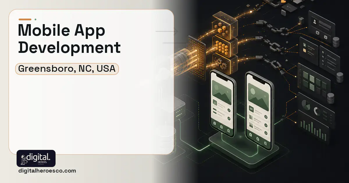 Mobile App Development workflow illustration for Greensboro, NC, USA.