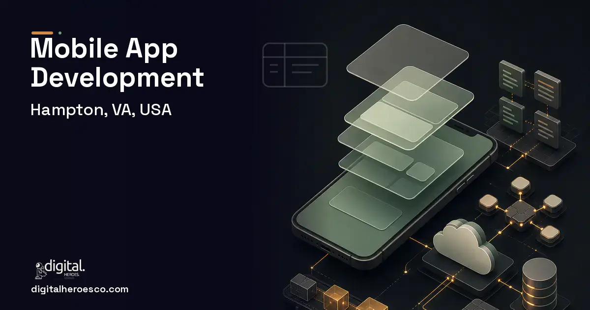 Mobile App Development product interface illustration for Hampton, VA, USA.