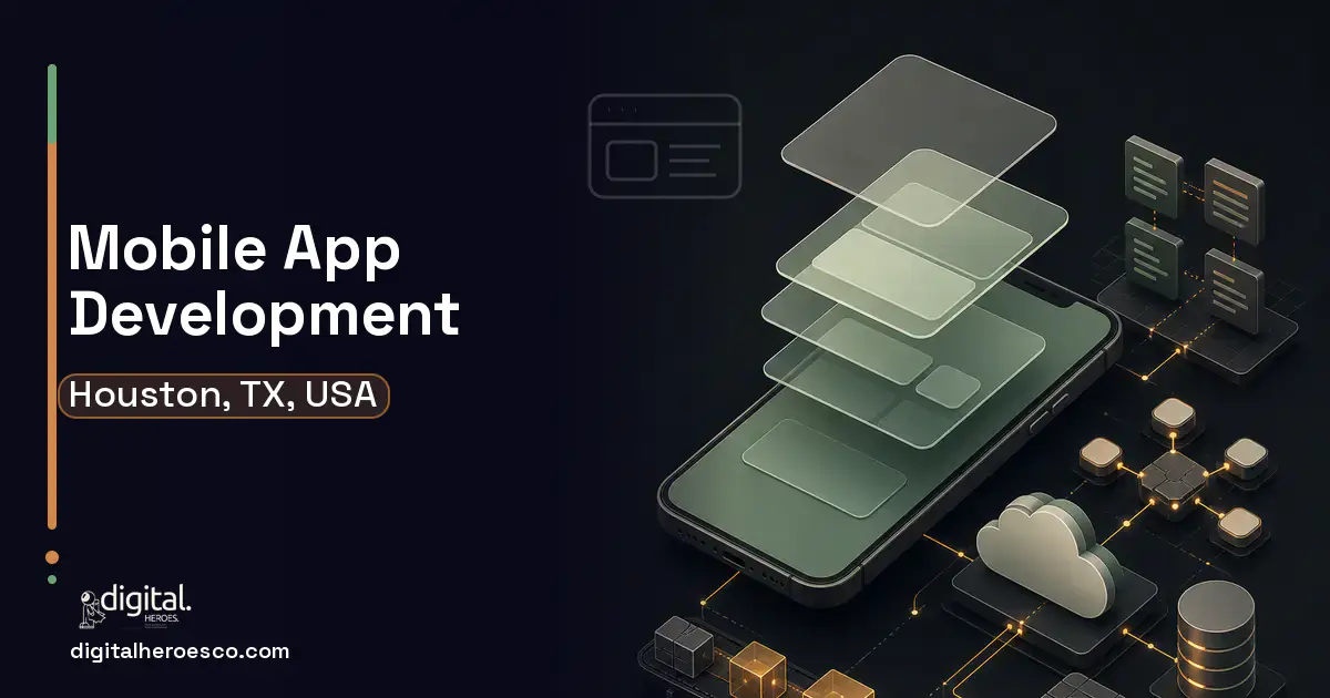 Mobile App Development product interface illustration for Houston, TX, USA.