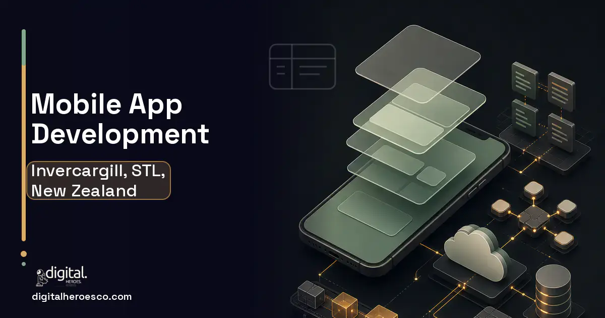 Mobile App Development product interface illustration for Invercargill, STL, New Zealand.