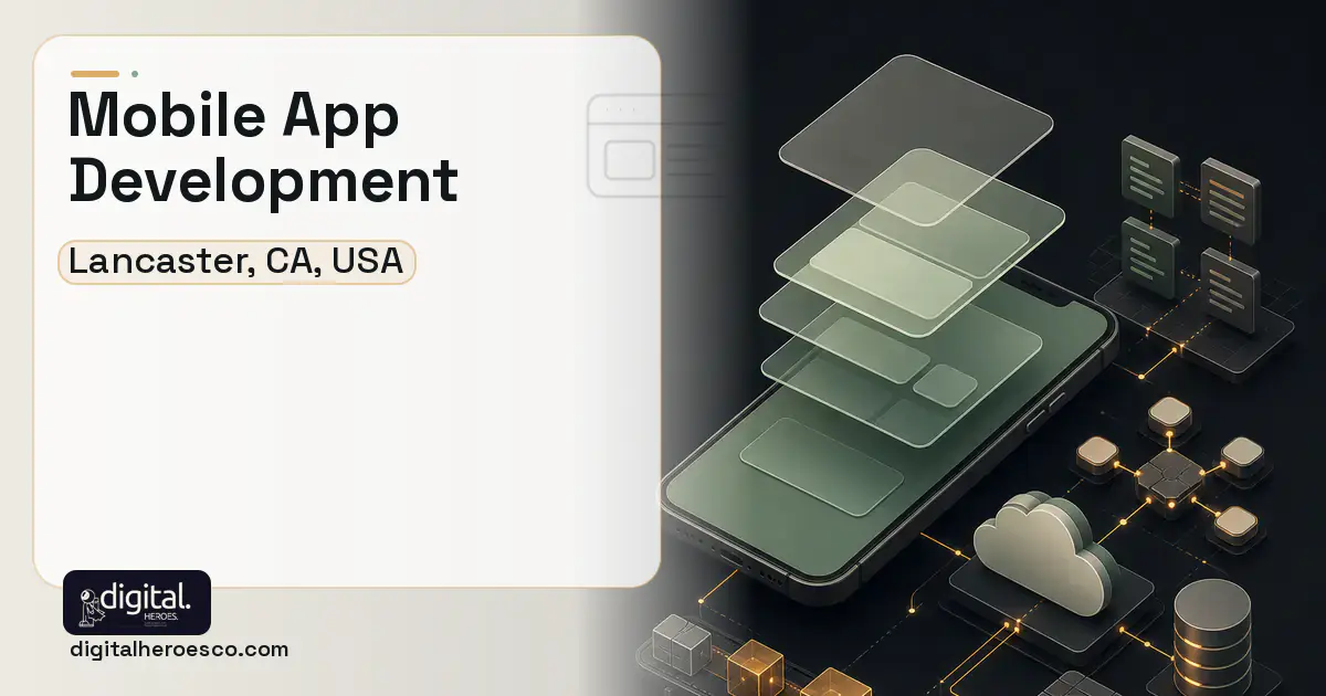 Mobile App Development product interface illustration for Lancaster, CA, USA.