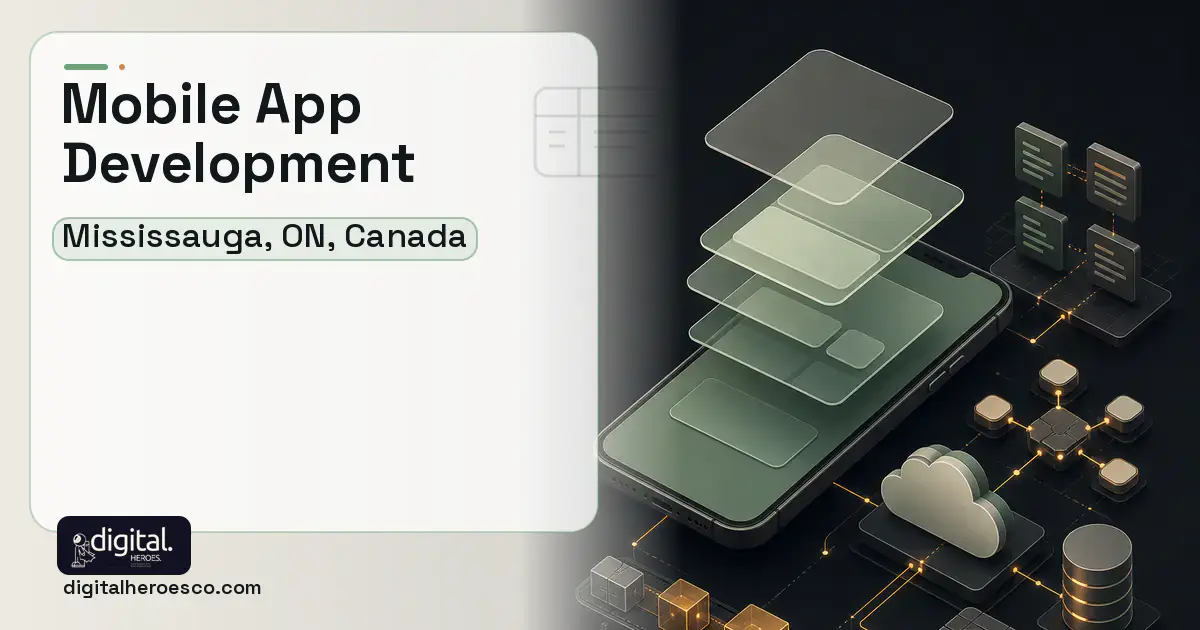 Mobile App Development product interface illustration for Mississauga, ON, Canada.