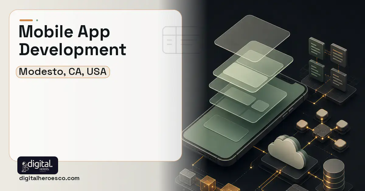 Mobile App Development product interface illustration for Modesto, CA, USA.