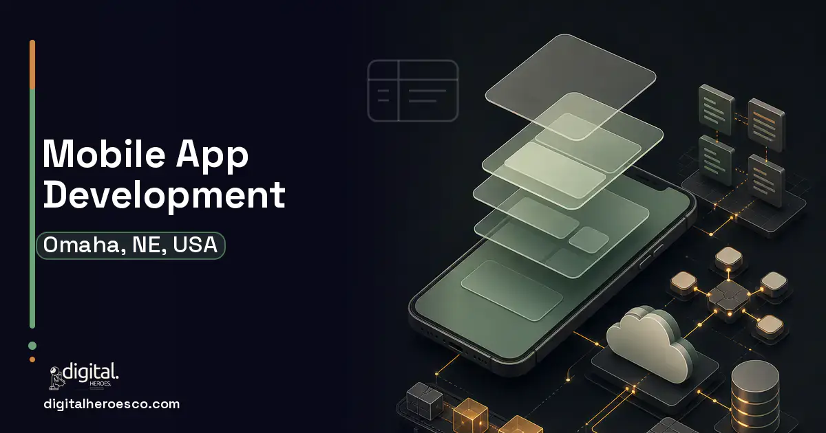 Mobile App Development product interface illustration for Omaha, NE, USA.