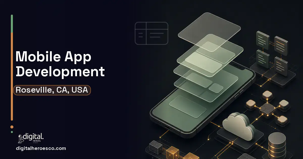 Mobile App Development product interface illustration for Roseville, CA, USA.
