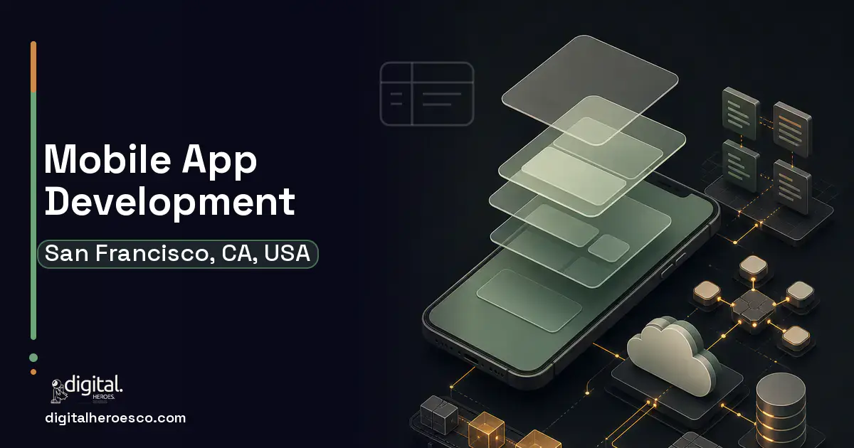 Mobile App Development product interface illustration for San Francisco, CA, USA.