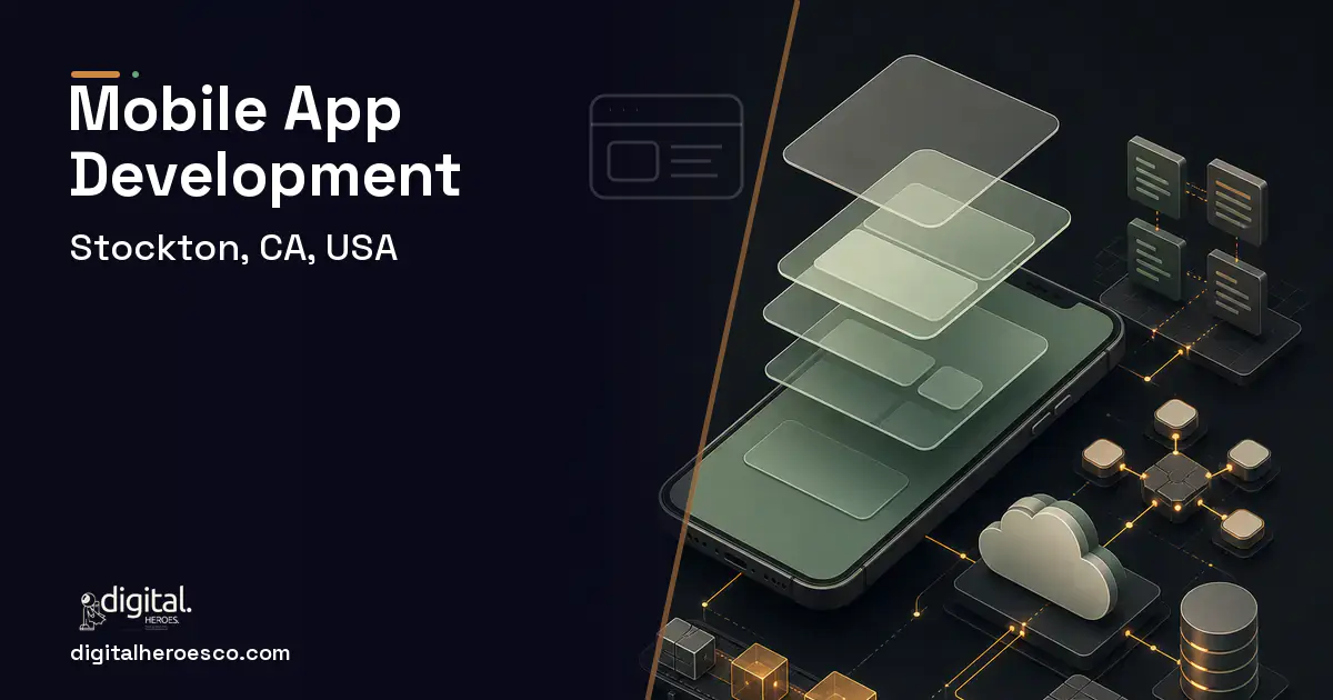 Mobile App Development product interface illustration for Stockton, CA, USA.