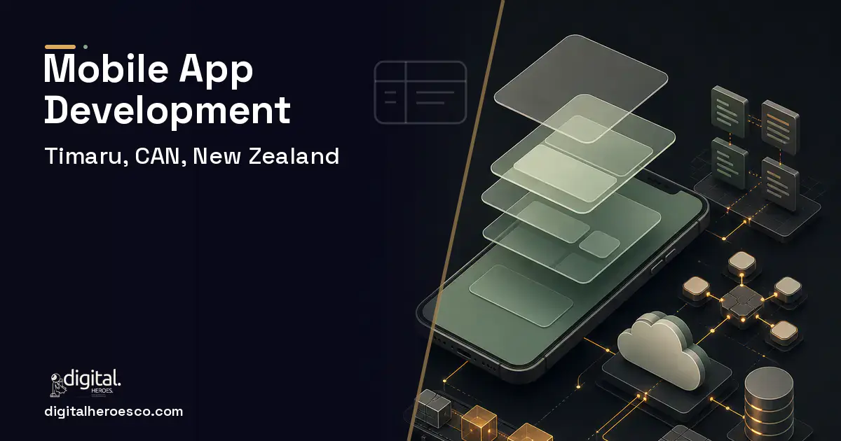 Mobile App Development product interface illustration for Timaru, CAN, New Zealand.