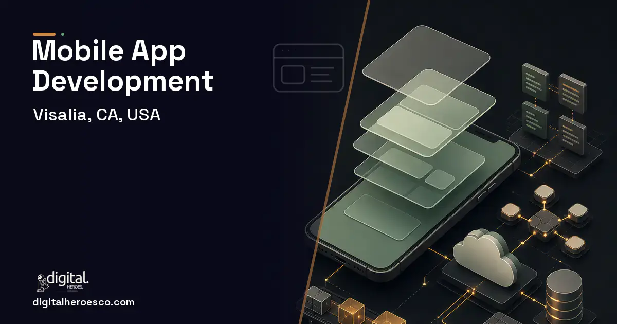 Mobile App Development product interface illustration for Visalia, CA, USA.