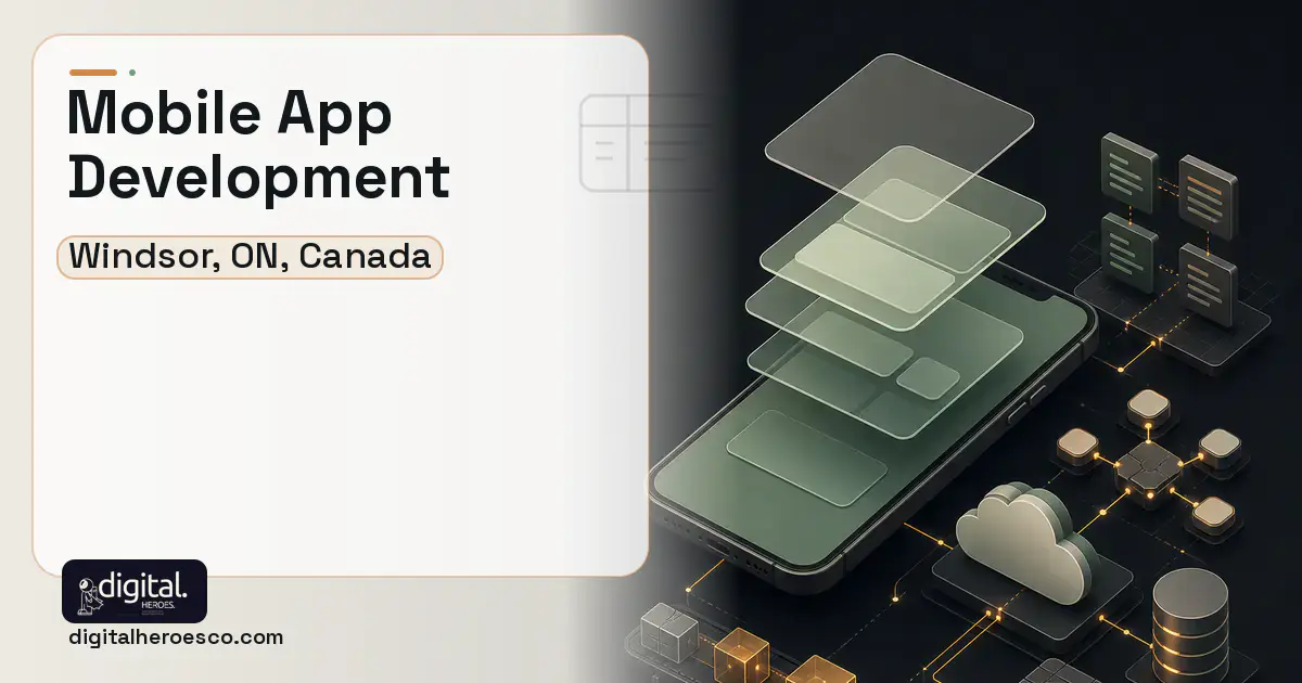 Mobile App Development product interface illustration for Windsor, ON, Canada.