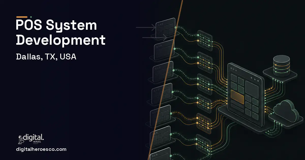 POS System Development workflow illustration for Dallas, TX, USA.