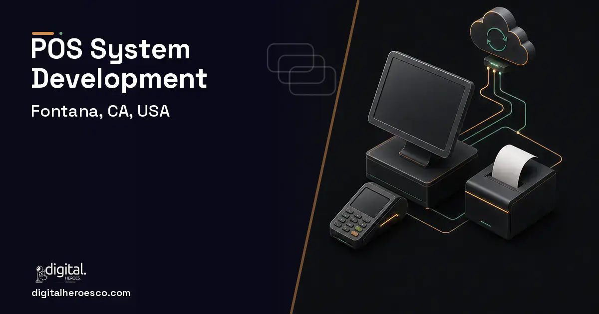 POS System Development software overview illustration for Fontana, CA, USA.
