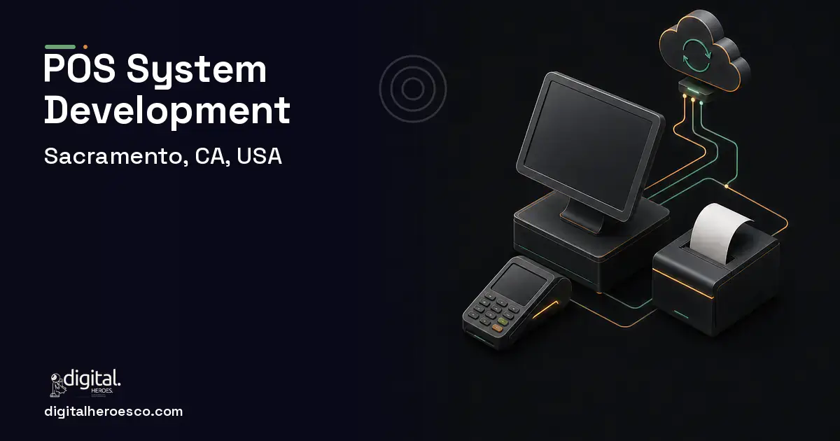 POS System Development software overview illustration for Sacramento, CA, USA.