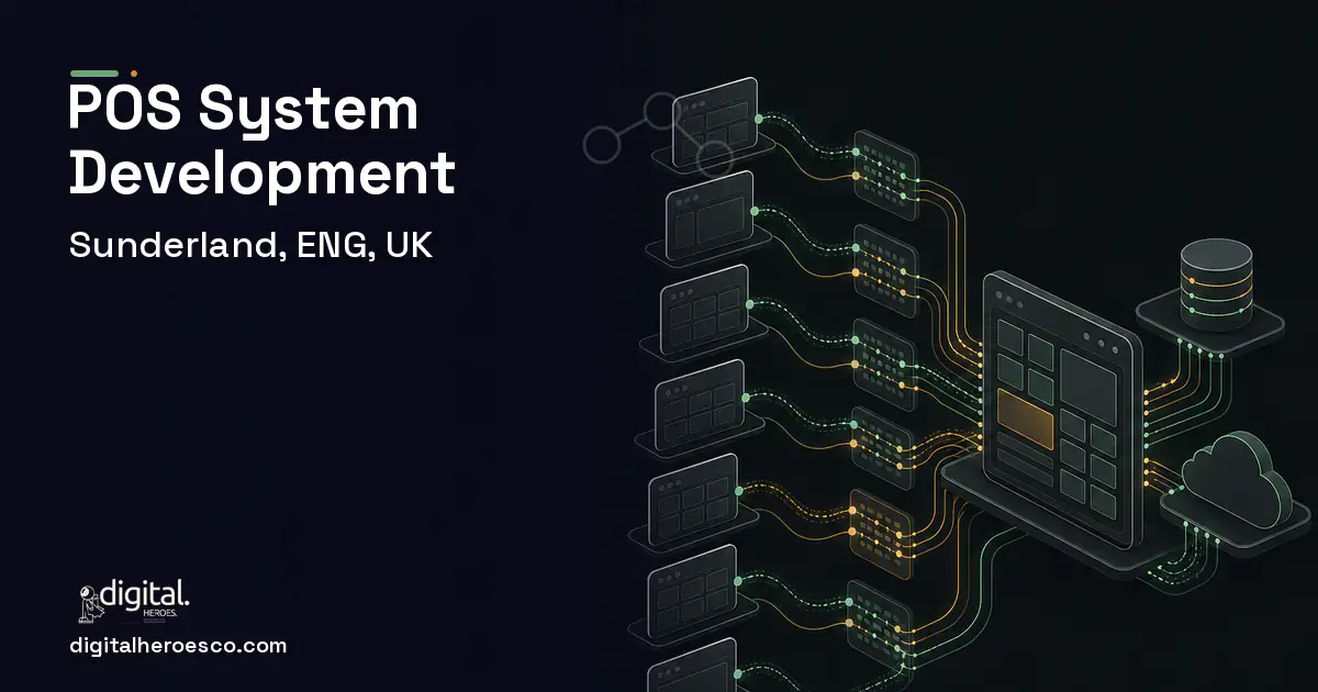 POS System Development workflow illustration for Sunderland, ENG, UK.