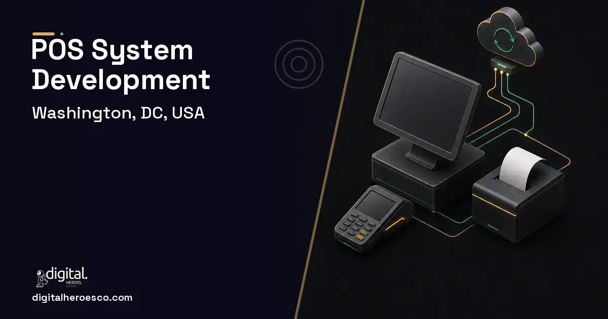 POS System Development software overview illustration for Washington, DC, USA.