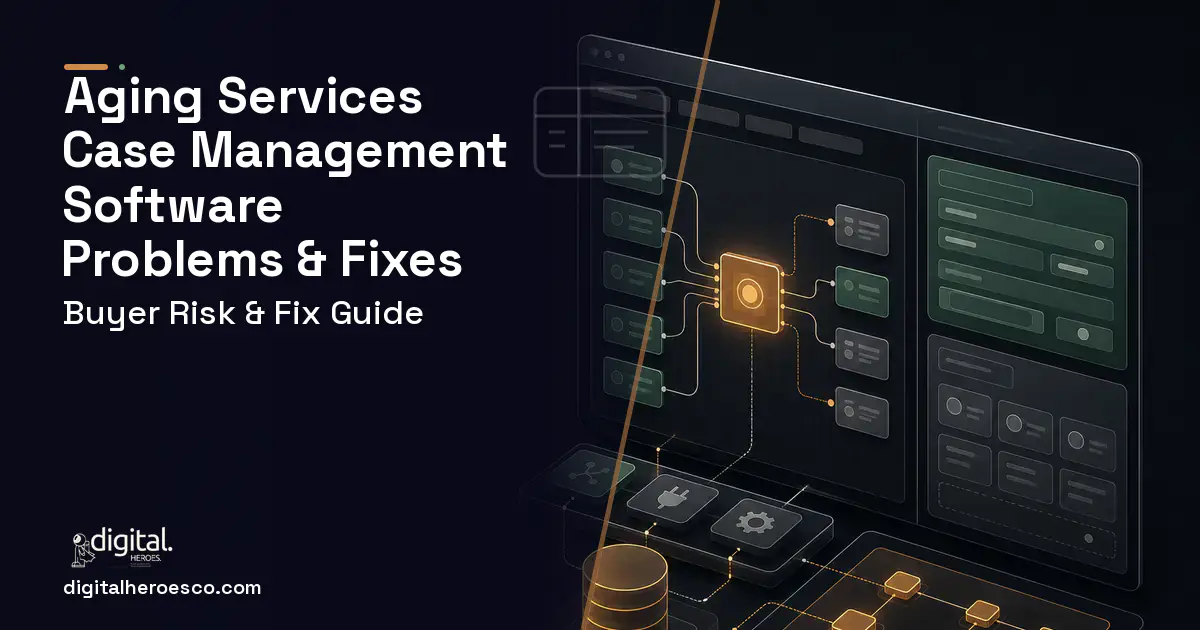 Aging Services Case Management Software product interface illustration showing common problems and fixes.