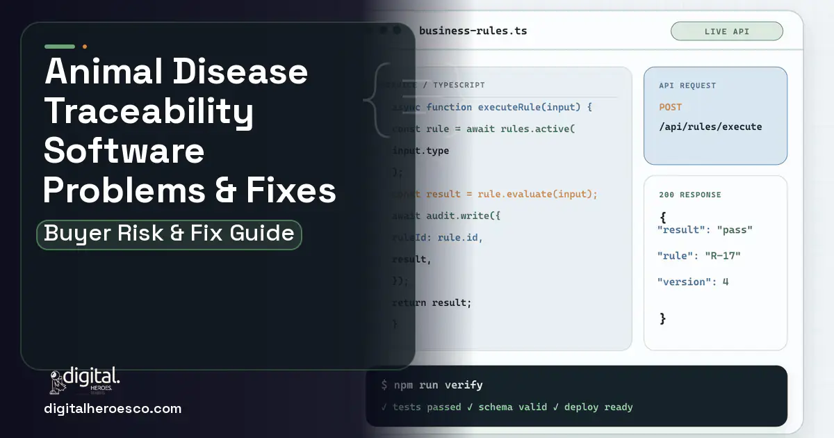 Animal Disease Traceability Software code editor and API illustration showing common problems and fixes.