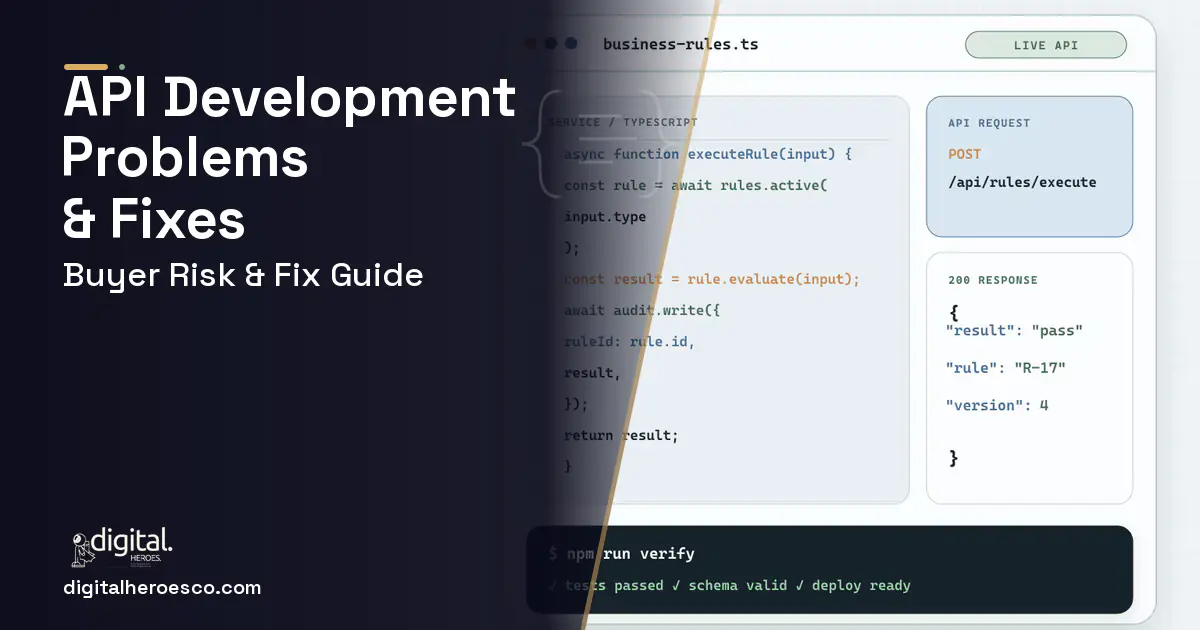 API Development code editor and API illustration showing common problems and fixes.