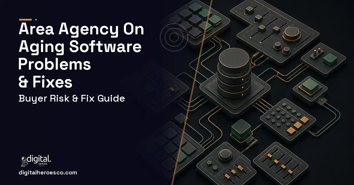 Area Agency ON Aging Software software overview illustration showing common problems and fixes.