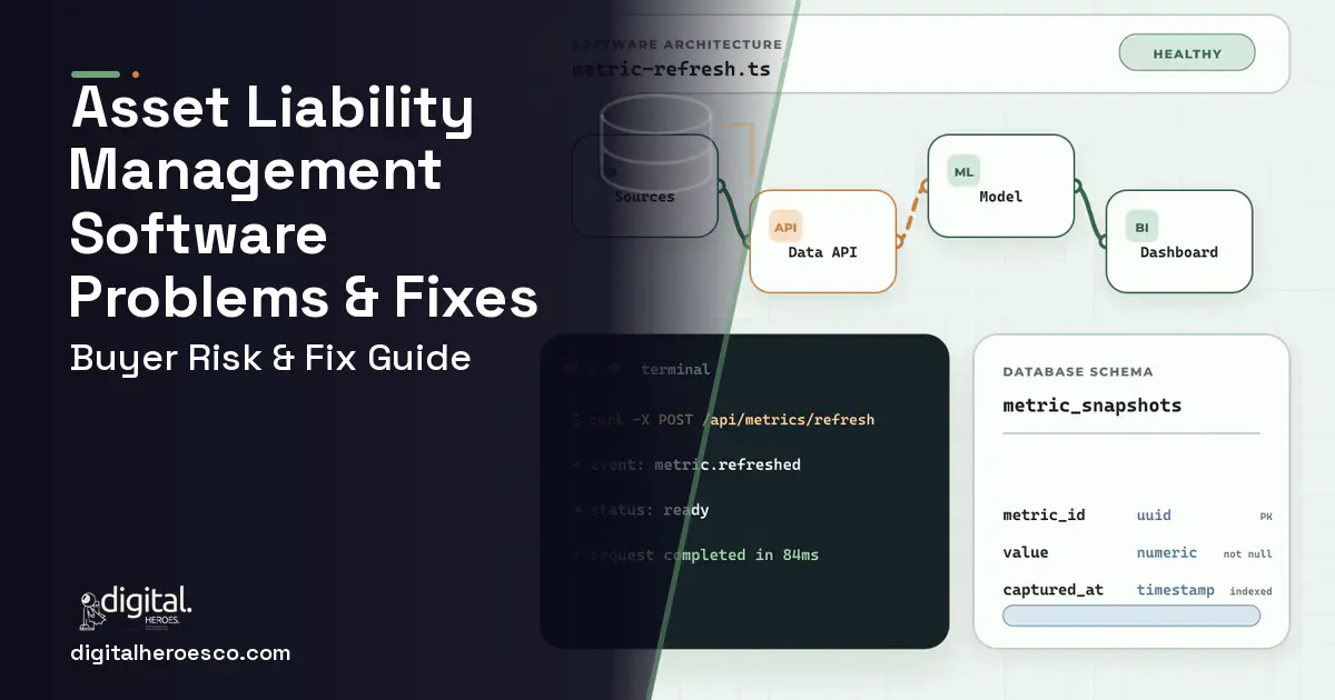 Asset Liability Management Software architecture and database illustration showing common problems and fixes.