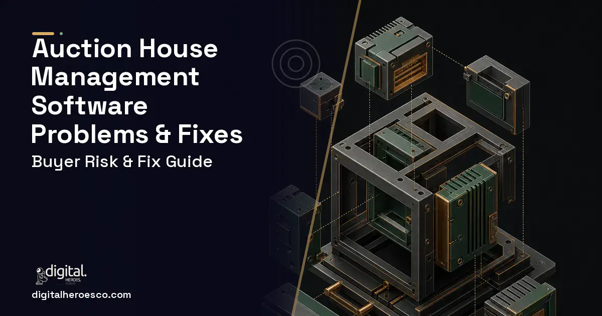 Auction House Management Software software overview illustration showing common problems and fixes.