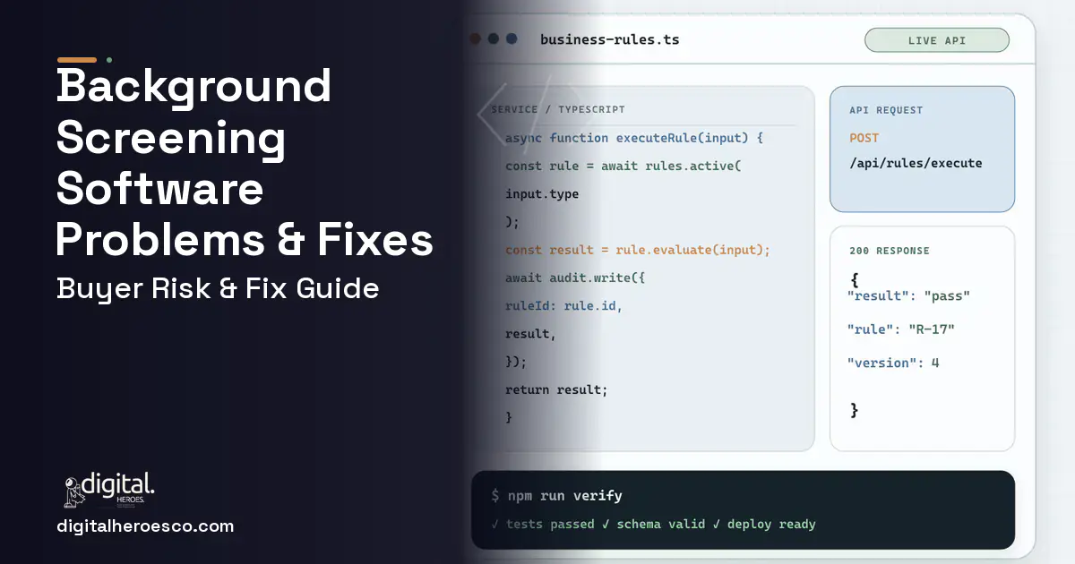 Background Screening Software code editor and API illustration showing common problems and fixes.