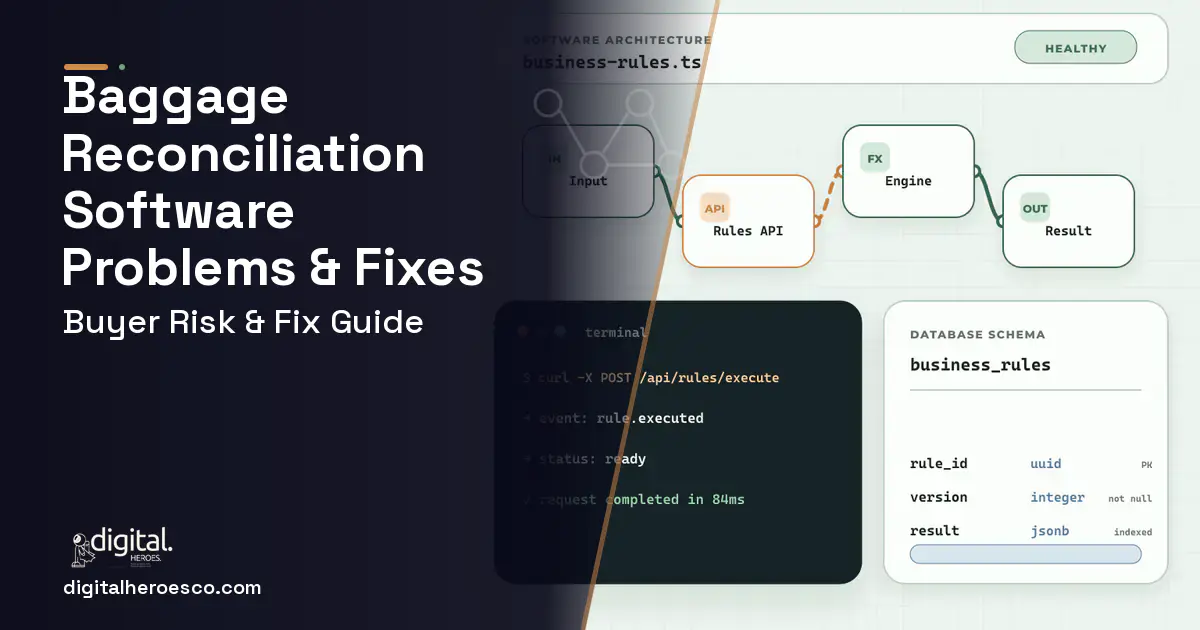 Baggage Reconciliation Software architecture and database illustration showing common problems and fixes.