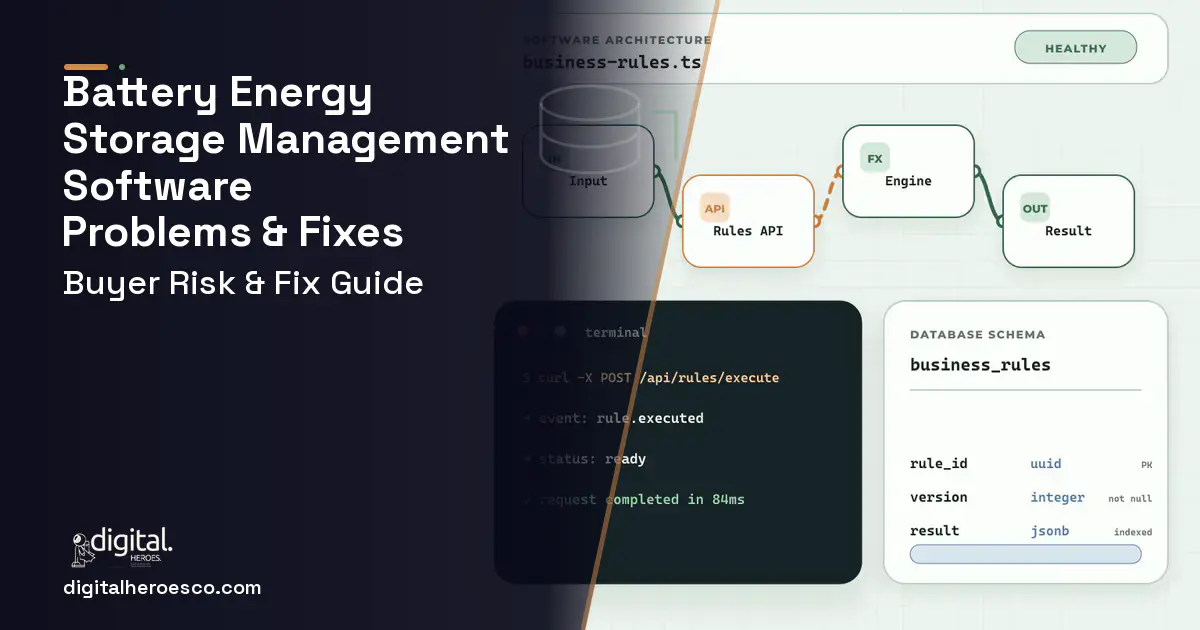 Battery Energy Storage Management Software architecture and database illustration showing common problems and fixes.