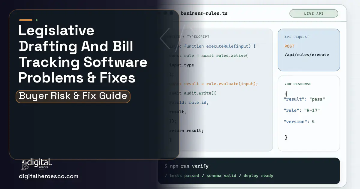 Legislative Drafting AND Bill Tracking Software code editor and API illustration showing common problems and fixes.