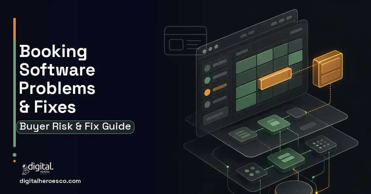 Booking Software product interface illustration showing common problems and fixes.