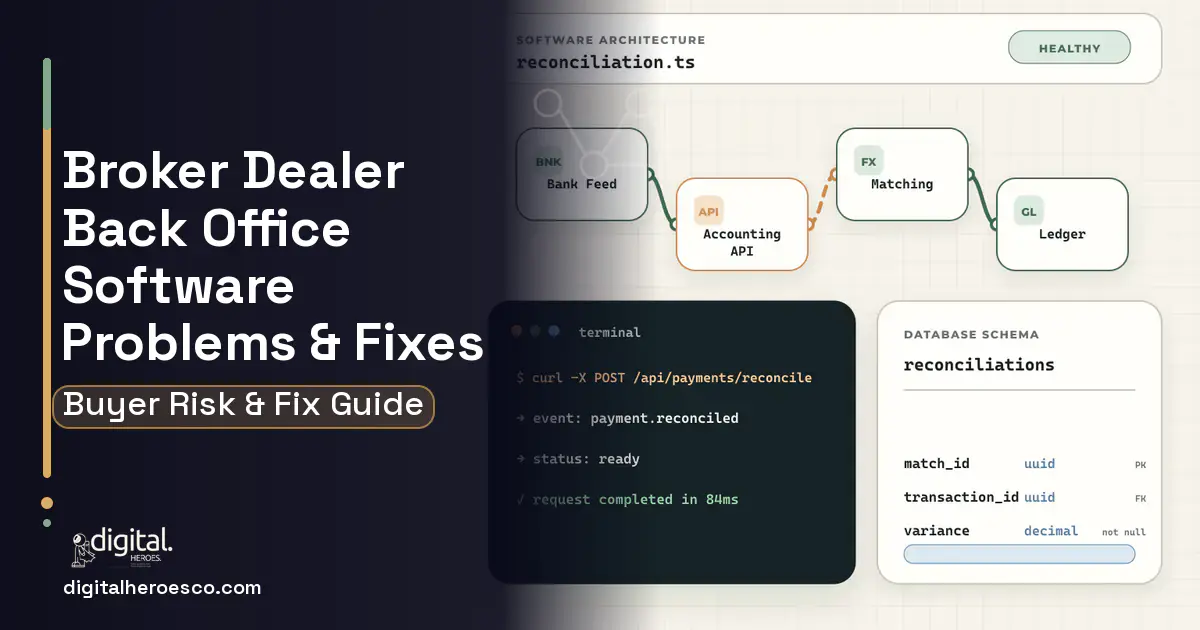 Broker Dealer Back Office Software architecture and database illustration showing common problems and fixes.