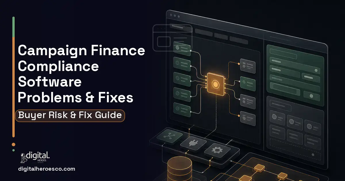 Campaign Finance Compliance Software product interface illustration showing common problems and fixes.